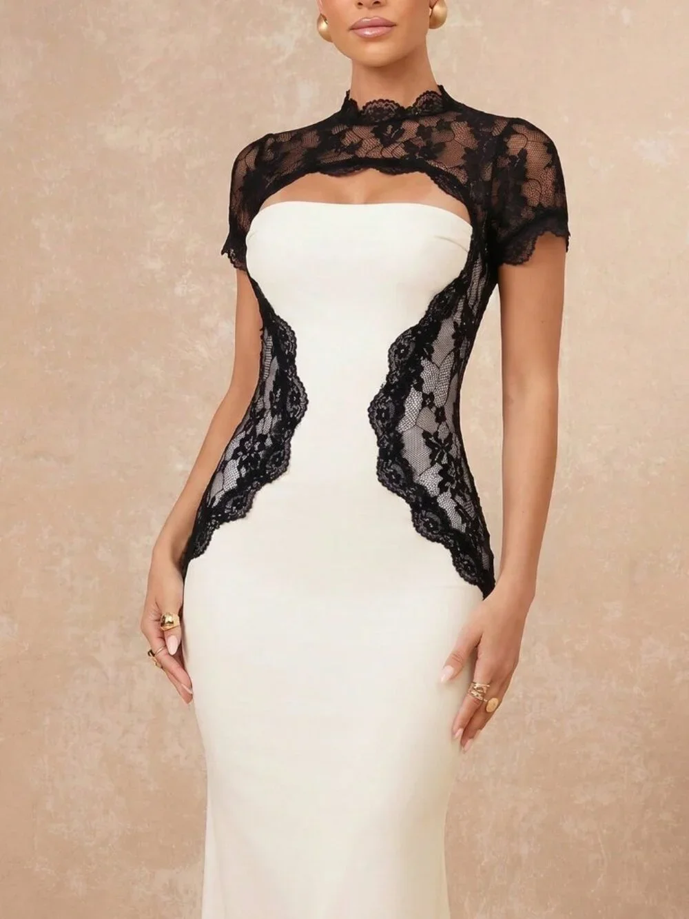 Black and White Elegant Women's Contrast Lace Regular Sleeve Bodycon Dress
